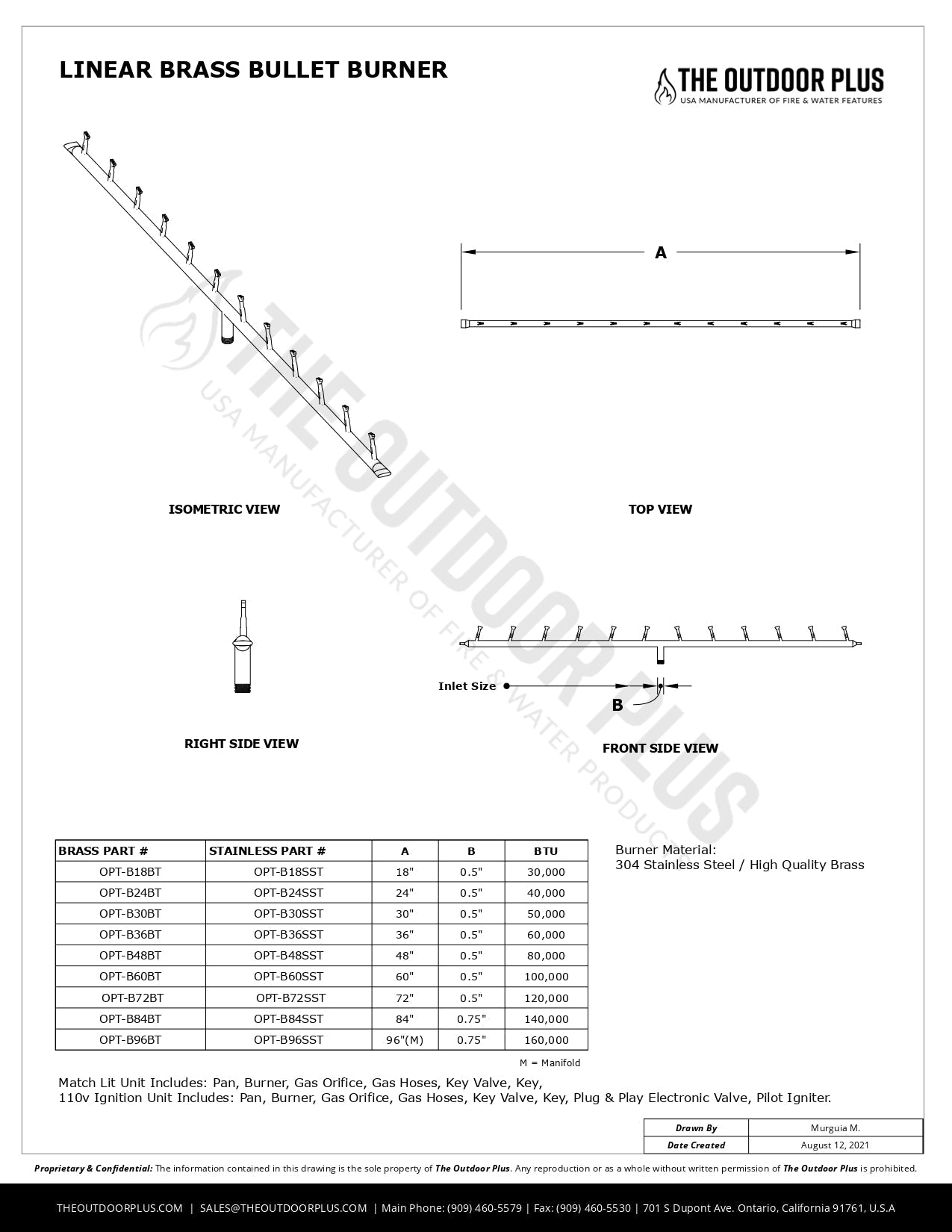 Linear Bullet Burner - Brass / Stainless Steel by The Outdoor Plus | Outdoor Heat Direct