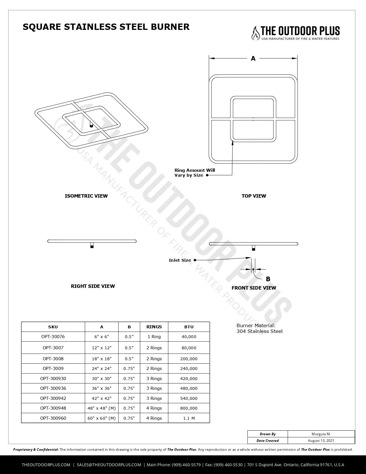 Square Stainless Steel Burner by The Outdoor Plus | Outdoor Heat Direct