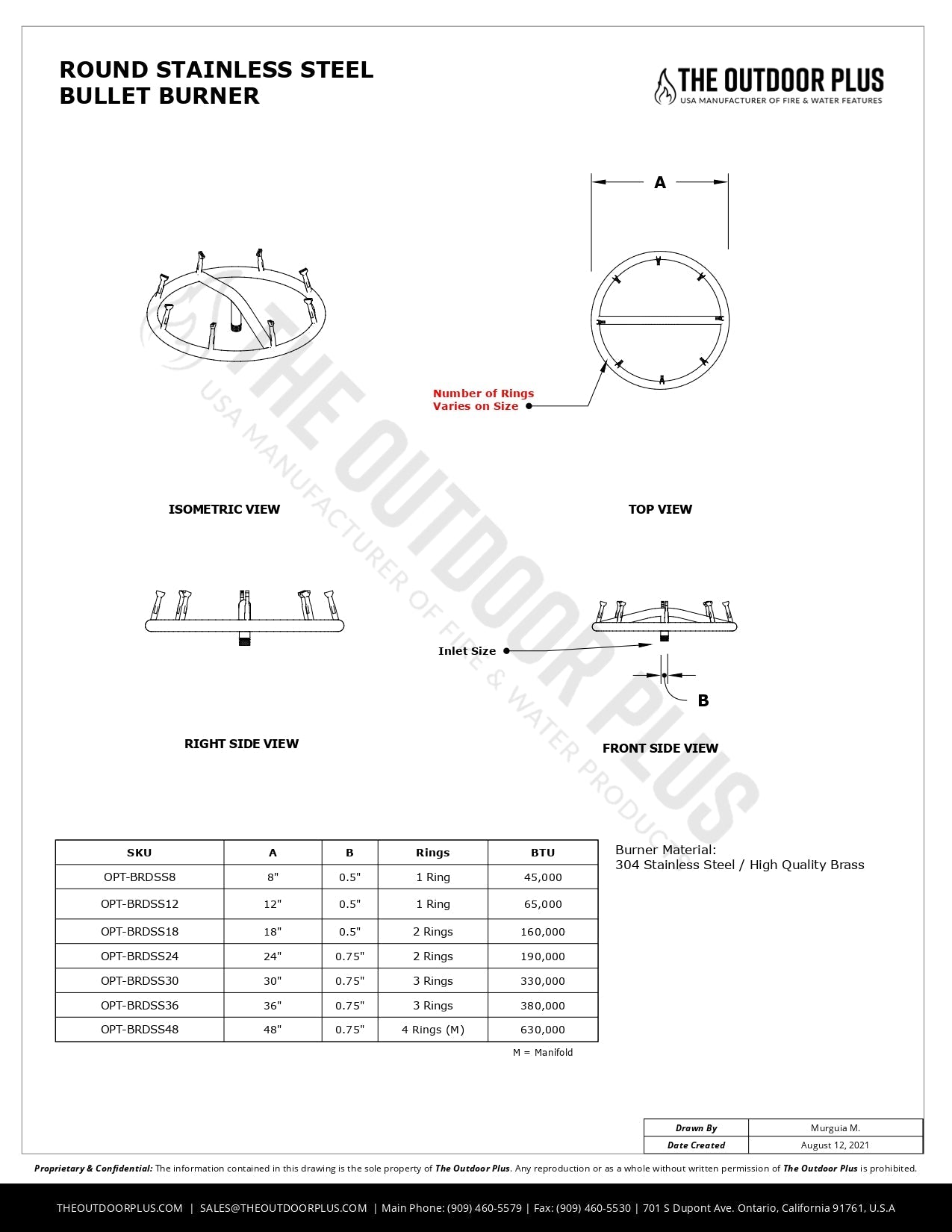 Stainless Steel Round Bullet Burner by The Outdoor Plus | Outdoor Heat Direct