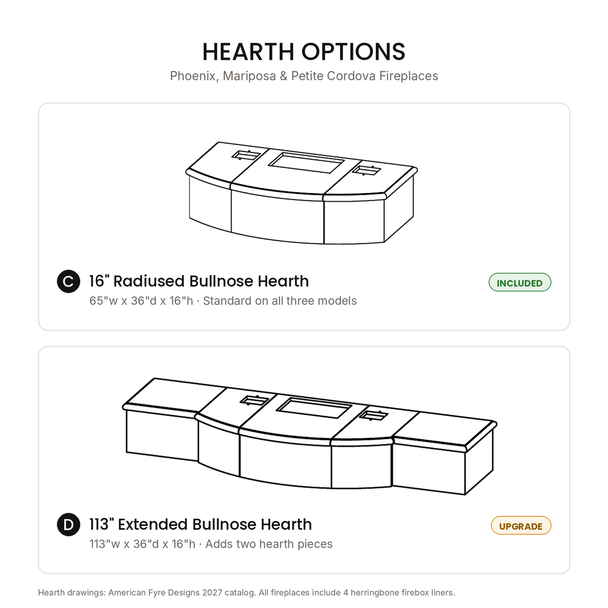American Fyre Designs hearth options for Phoenix, Mariposa and Petite Cordova fireplaces: 16 inch radiused bullnose and 113 inch extended bullnose