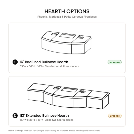American Fyre Designs hearth options for Phoenix, Mariposa and Petite Cordova fireplaces: 16 inch radiused bullnose and 113 inch extended bullnose