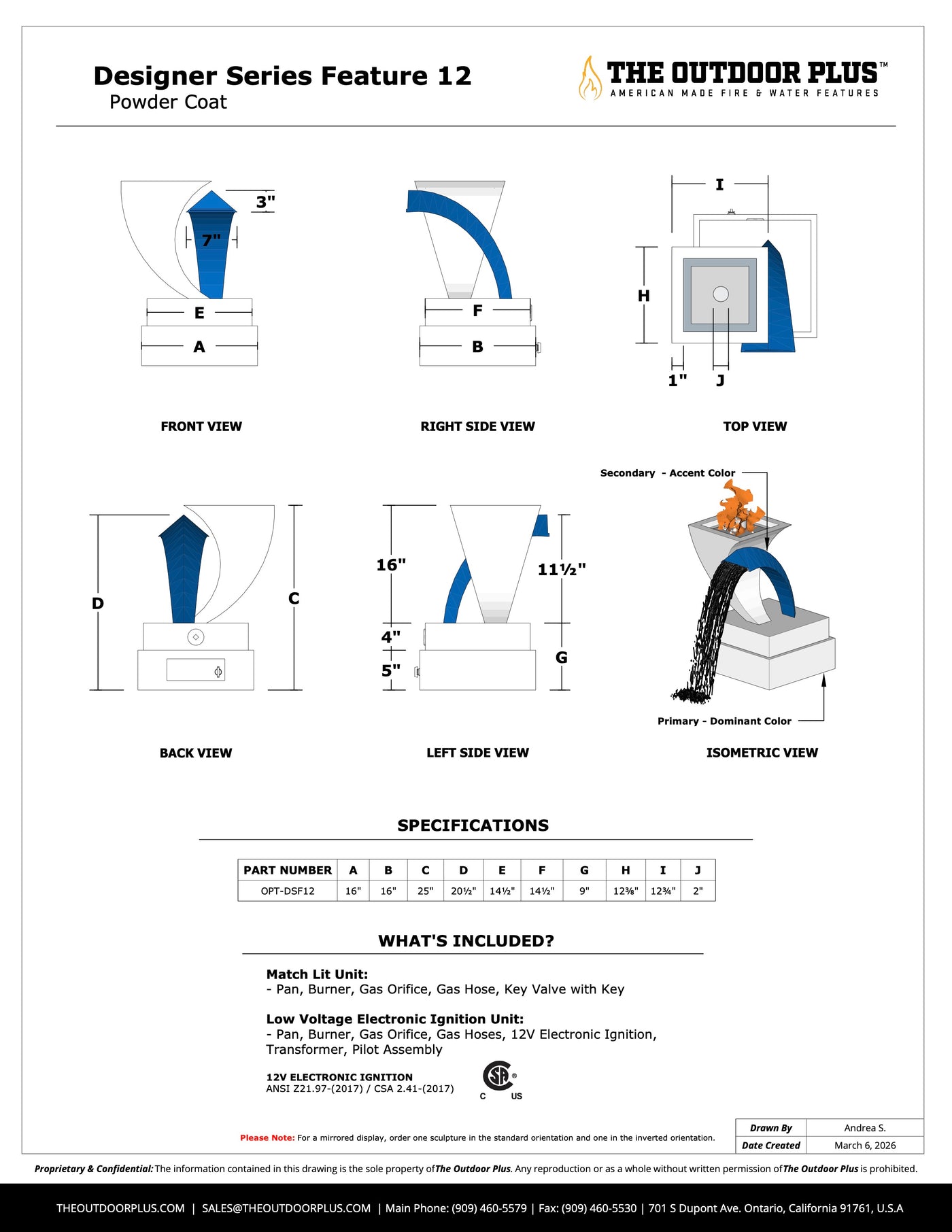 Designer Series Fire Feature 12 - Scupper High Quality Powder Coat Finish by The Outdoor Plus Specifications