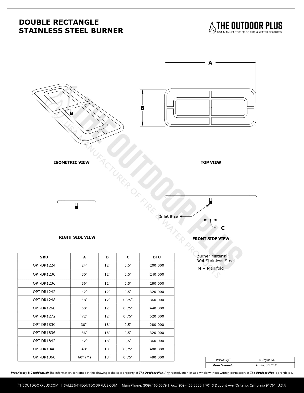 Double Rectangle Stainless Steel Burner by The Outdoor Plus | Outdoor Heat Direct