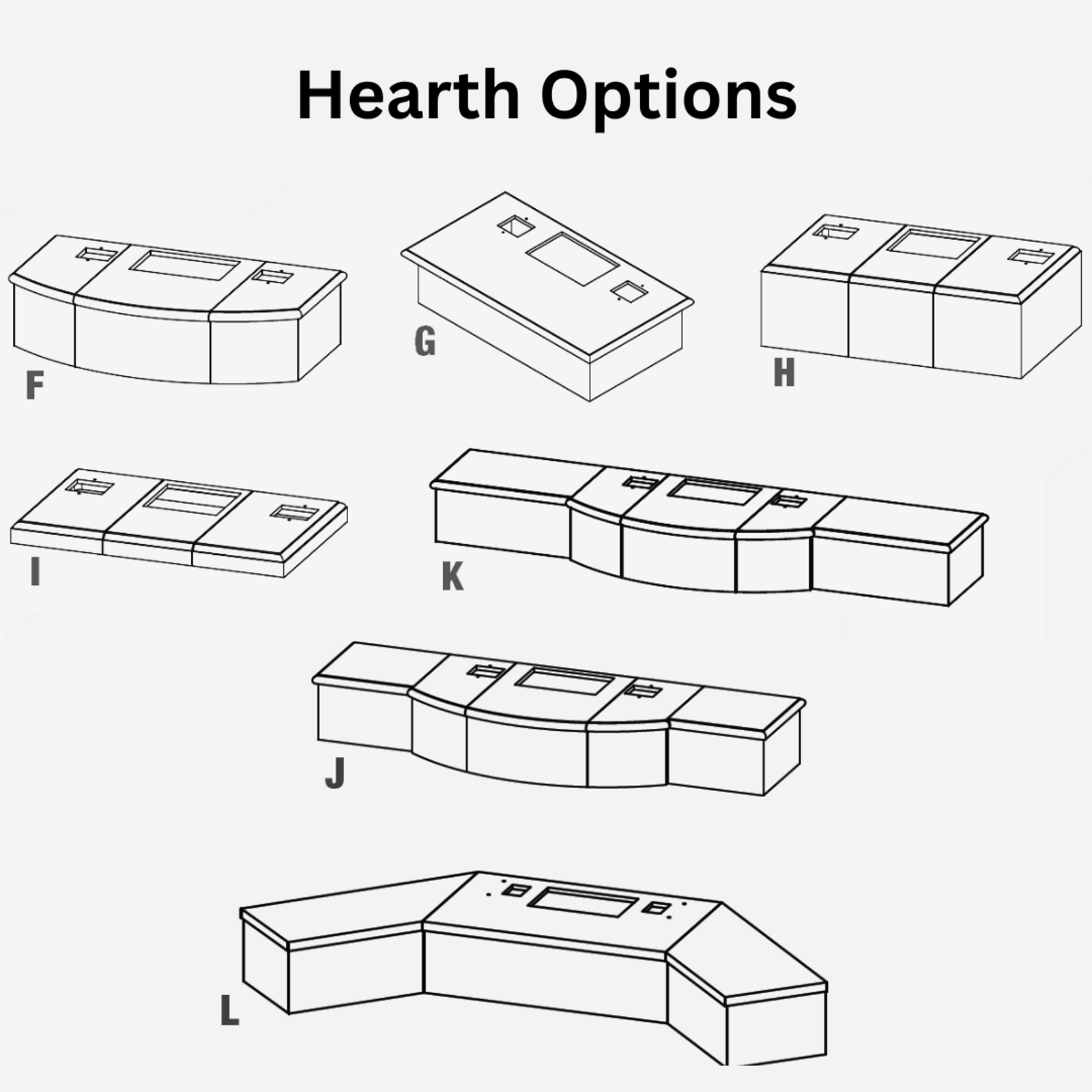 American Fyre Designs hearth options diagram showing standard and 2-inch recessed hearth profiles