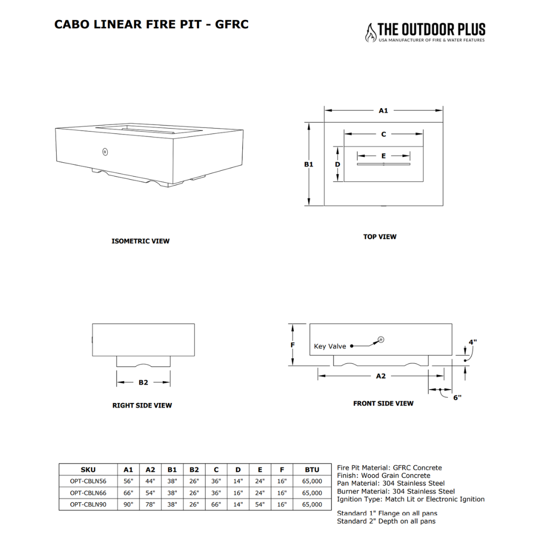 The Outdoor Plus Cabo Linear Concrete Fire Pit Specifications