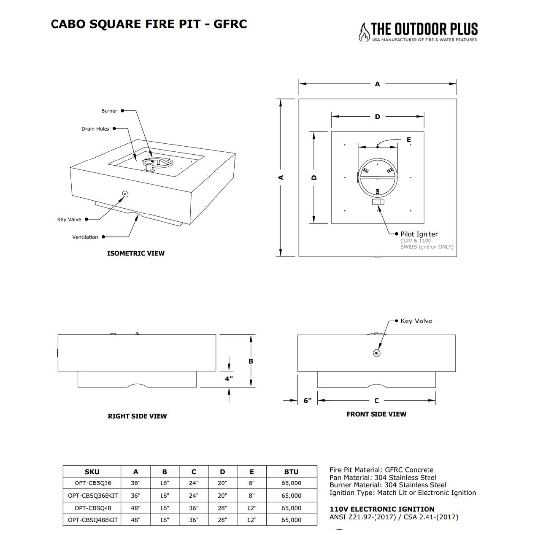 The Outdoor Plus Cabo Square Concrete Fire Pit Specifications