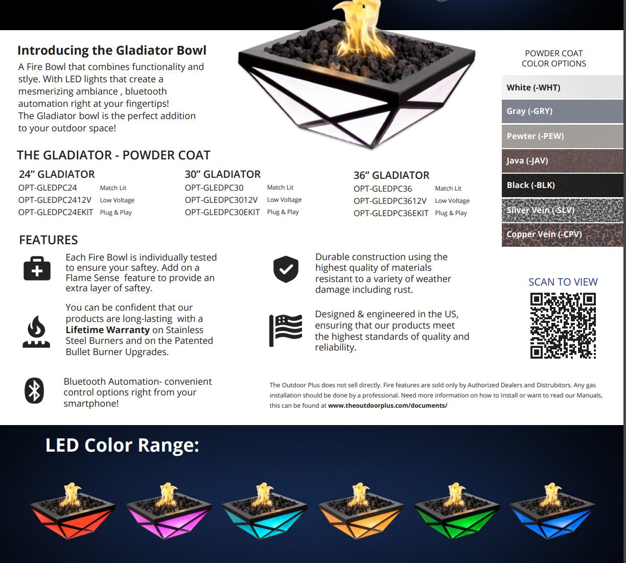 Gladiator Led Fire Bowl Metal Powder Coat by The Outdoor Plus | Outdoor Heat Direct