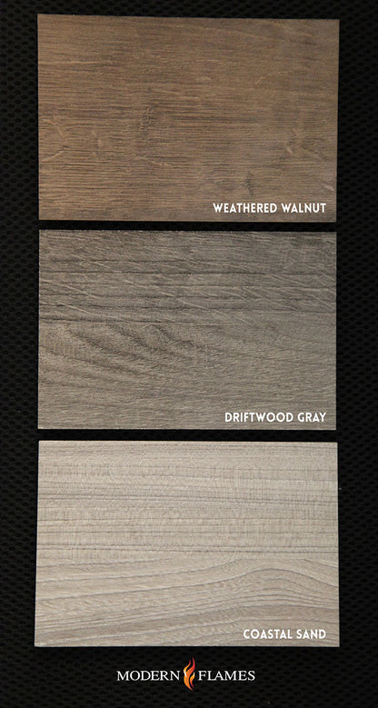 Modern Flames wood finish color options: Coastal Sand, Driftwood Gray and Weathered Walnut