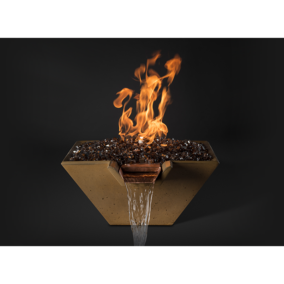 Cascade Square Fire on Glass Water Bowl (22"–34") — Match Ignition | Slick Rock Concrete | Outdoor Heat Direct