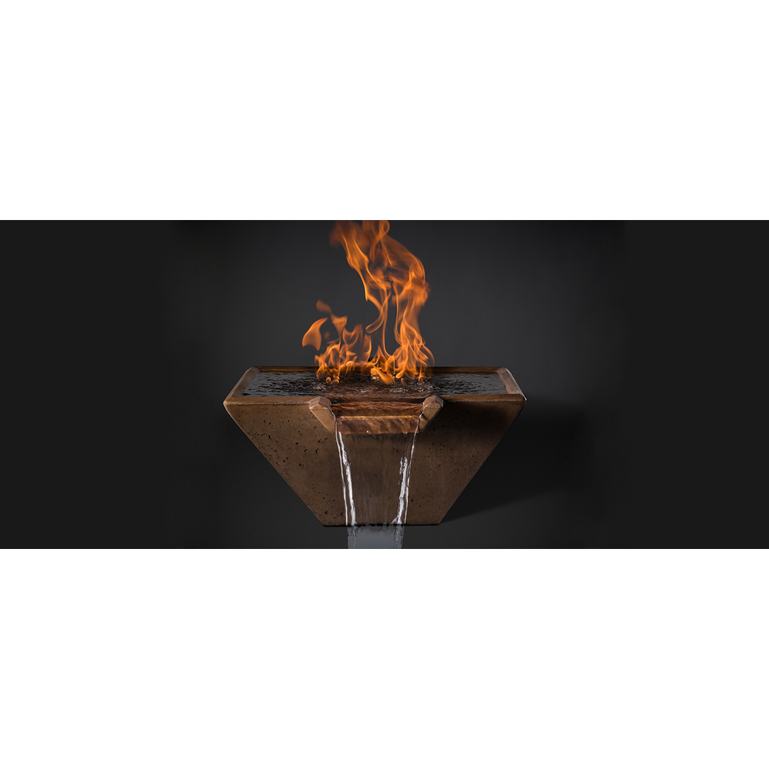 Cascade Square Fire on Glass Water Bowl (22"–34") — Match Ignition | Slick Rock Concrete | Outdoor Heat Direct