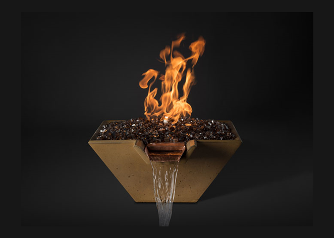 Cascade Square Fire on Glass Water Bowl with Match Ignition - Free Cover ✓ [Slick Rock Concrete] | Outdoor Heat Direct