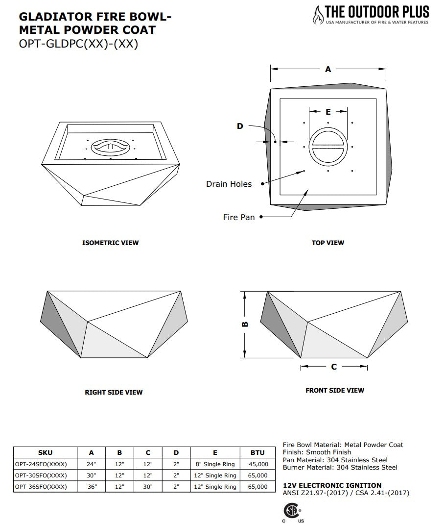 The Outdoor Plus Gladiator Powdercoat Metal Fire Bowl Specifications