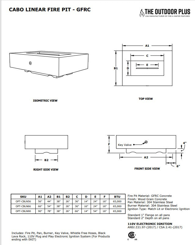 The Outdoor Plus Cabo Linear Metal Fire Pit + Free Cover