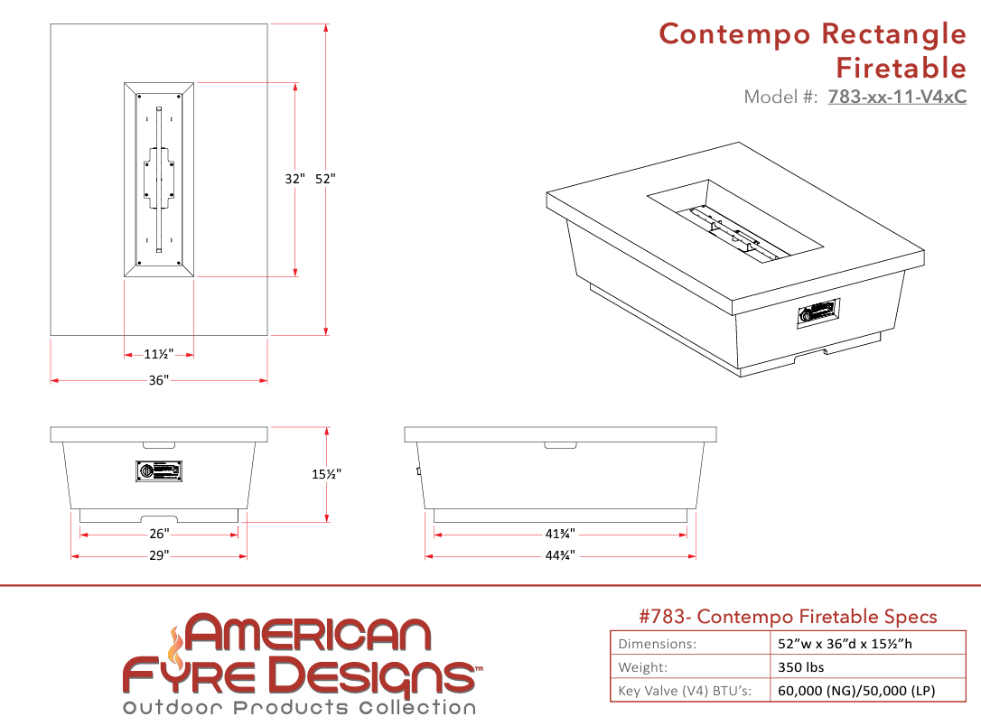 Contempo Rectangle Firetable + Free Cover - American Fyre Designs